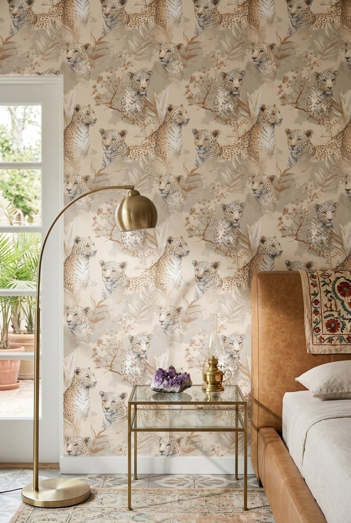Neutral Leopard Portrait Wallpaper with Botanical Sketches in Warm Beige
