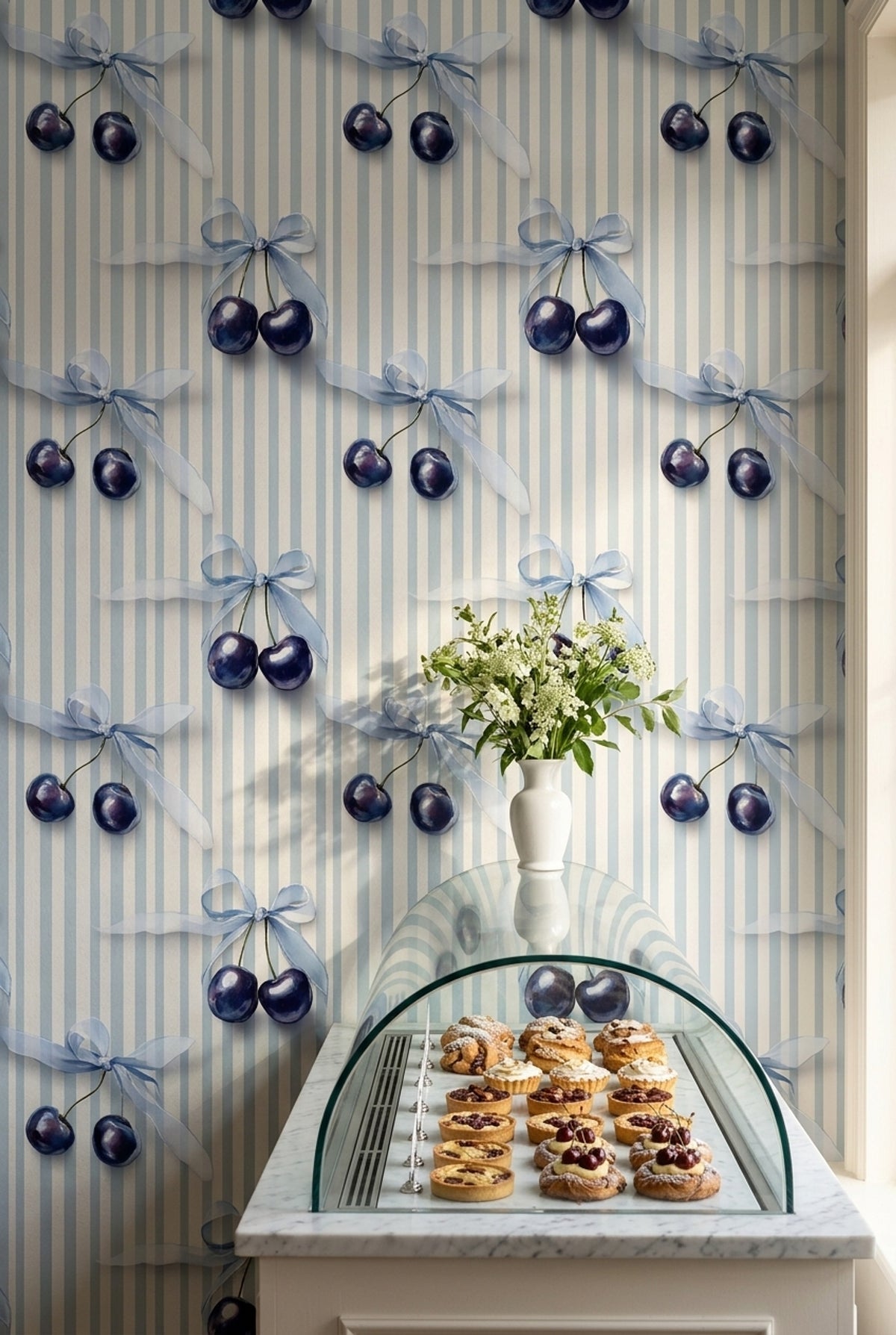 Blue Cherry Bow Wallpaper with Delicate Vertical Stripes