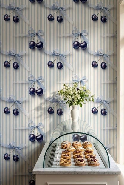 Blue Cherry Bow Wallpaper with Delicate Vertical Stripes