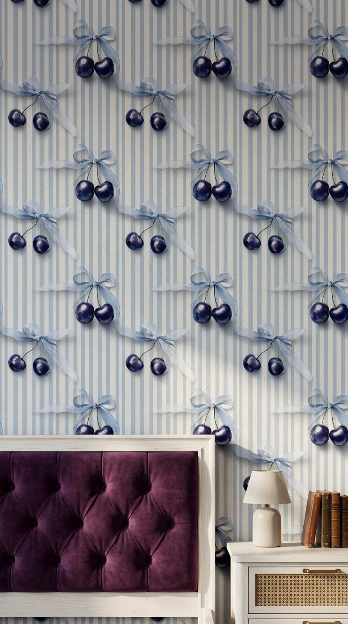 Blue Cherry Bow Wallpaper with Delicate Vertical Stripes