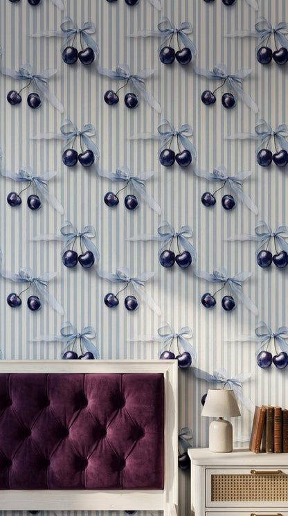 Blue Cherry Bow Wallpaper with Delicate Vertical Stripes