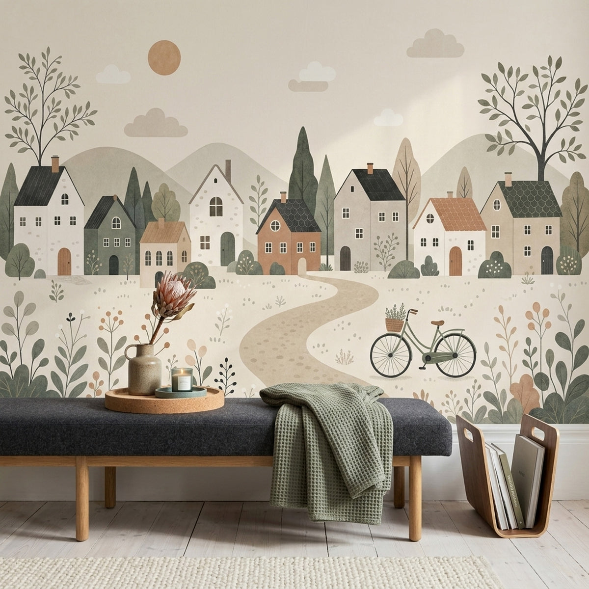 Countryside Village Wall Mural Rolling Hills Scandinavian Minimalist Landscape