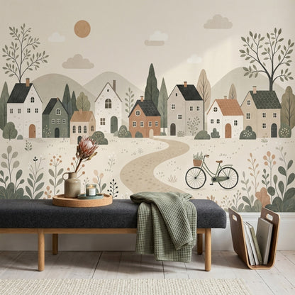 Countryside Village Wall Mural Rolling Hills Scandinavian Minimalist Landscape