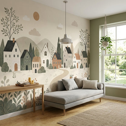 Countryside Village Wall Mural Rolling Hills Scandinavian Minimalist Landscape