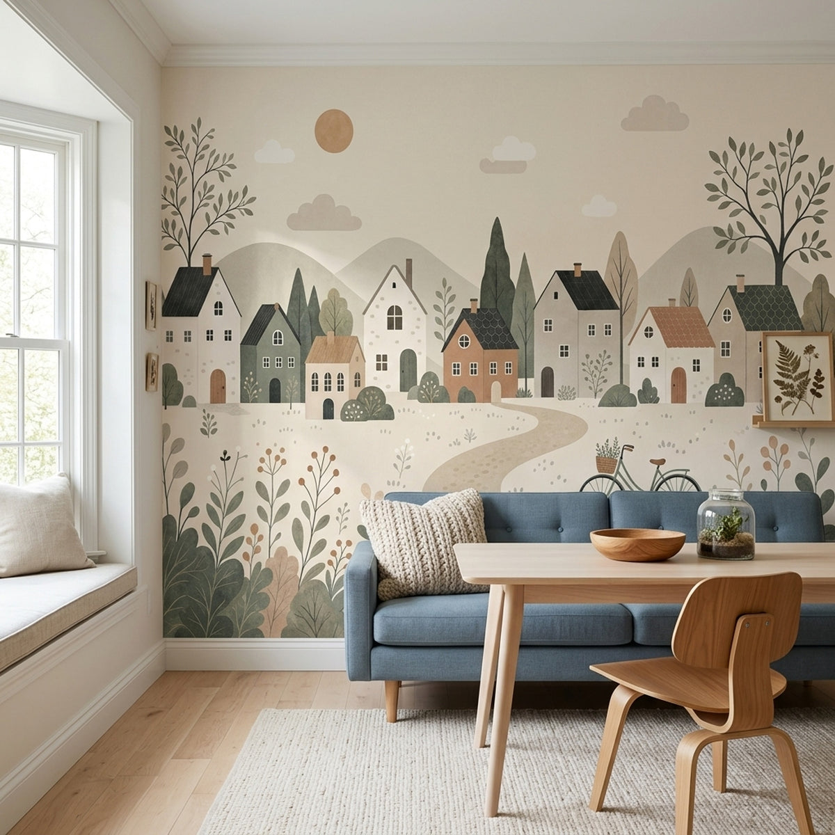 Countryside Village Wall Mural Rolling Hills Scandinavian Minimalist Landscape