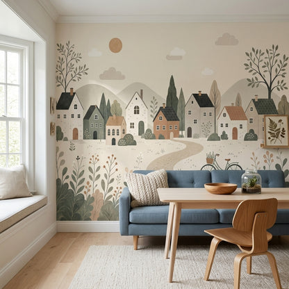 Countryside Village Wall Mural Rolling Hills Scandinavian Minimalist Landscape