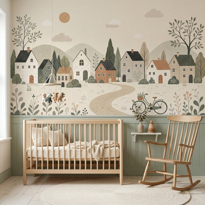 Countryside Village Wall Mural Rolling Hills Scandinavian Minimalist Landscape
