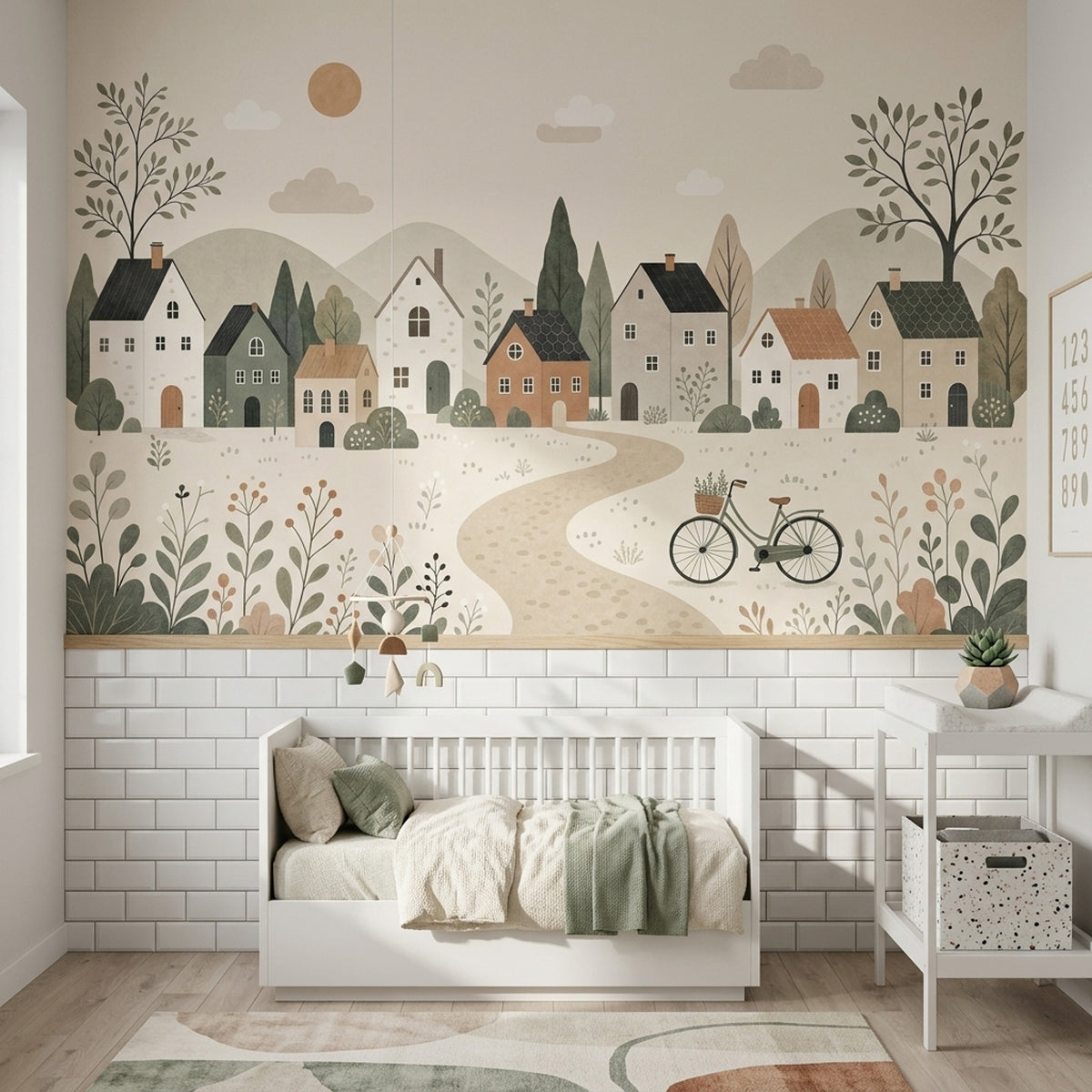 Countryside Village Wall Mural Rolling Hills Scandinavian Minimalist Landscape
