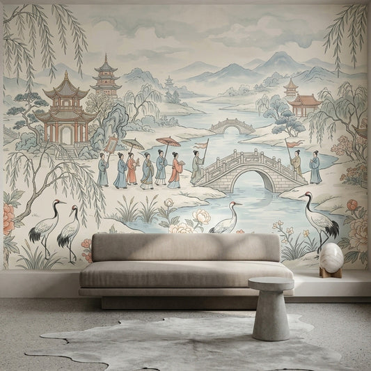 Chinoiserie Wall Mural Chinese Garden Pagoda Crane Landscape