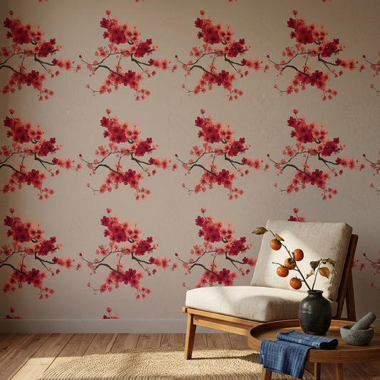 Cherry Blossom Wallpaper Red Sakura Floral Pattern Japanese Inspired Wall Decor