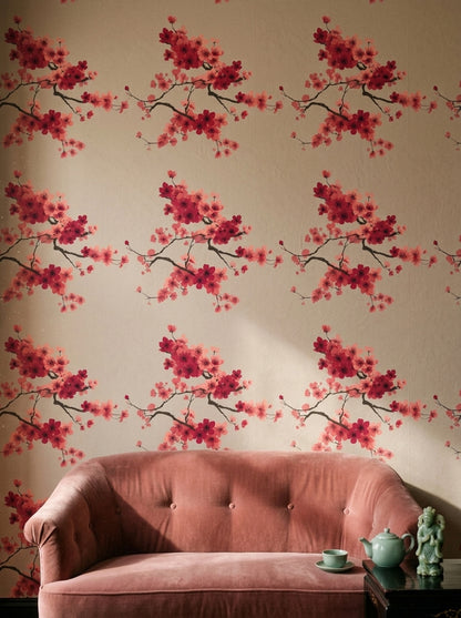 Cherry Blossom Wallpaper Red Sakura Floral Pattern Japanese Inspired Wall Decor