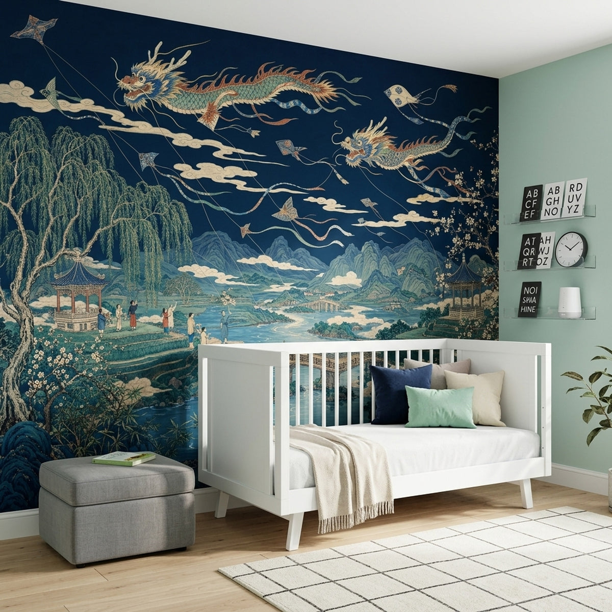 Flying Dragons Wallpaper Dark Navy Sky Oriental Landscape Wall Mural