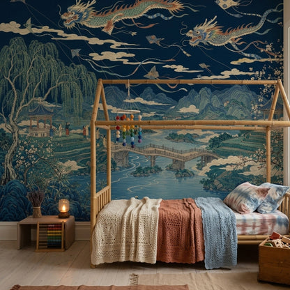 Flying Dragons Wallpaper Dark Navy Sky Oriental Landscape Wall Mural