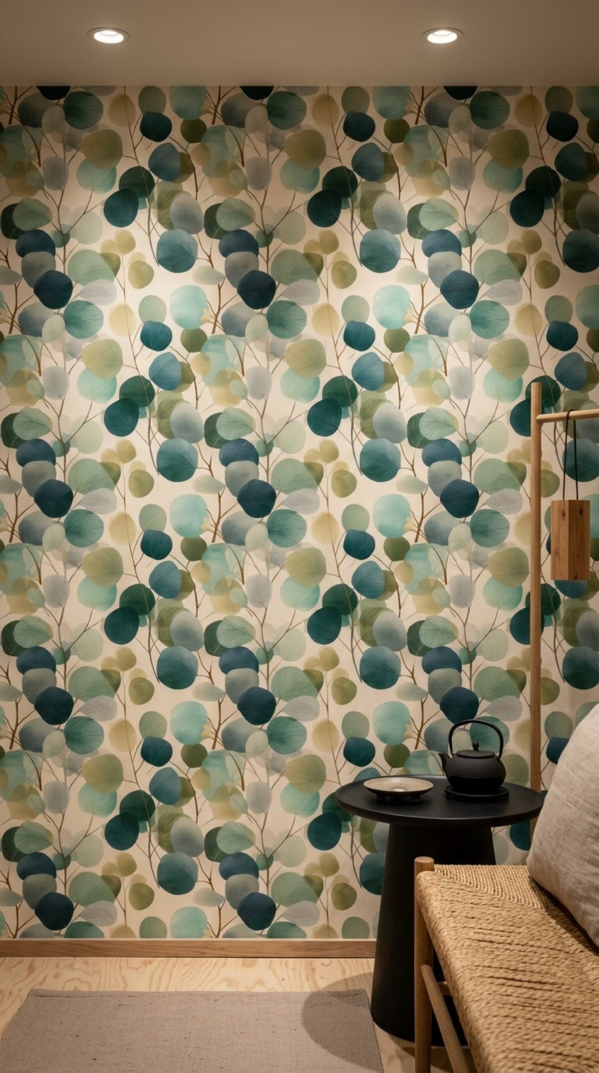 Layered Eucalyptus Leaf Wallpaper in Teal Green Watercolor