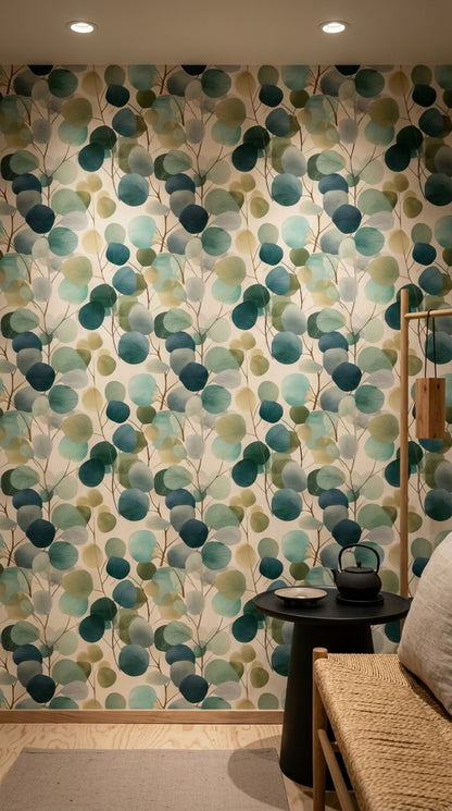 Layered Eucalyptus Leaf Wallpaper in Teal Green Watercolor