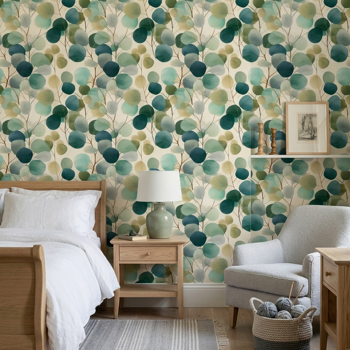 Layered Eucalyptus Leaf Wallpaper in Teal Green Watercolor