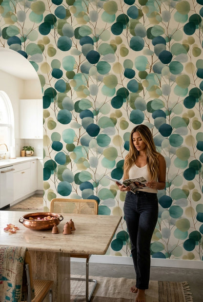 Layered Eucalyptus Leaf Wallpaper in Teal Green Watercolor