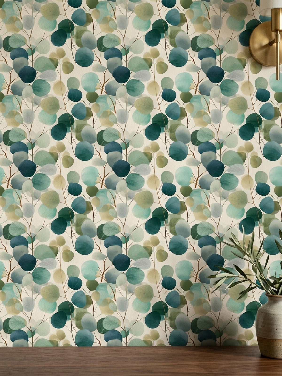 Layered Eucalyptus Leaf Wallpaper in Teal Green Watercolor
