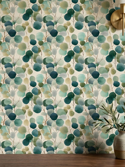 Layered Eucalyptus Leaf Wallpaper in Teal Green Watercolor