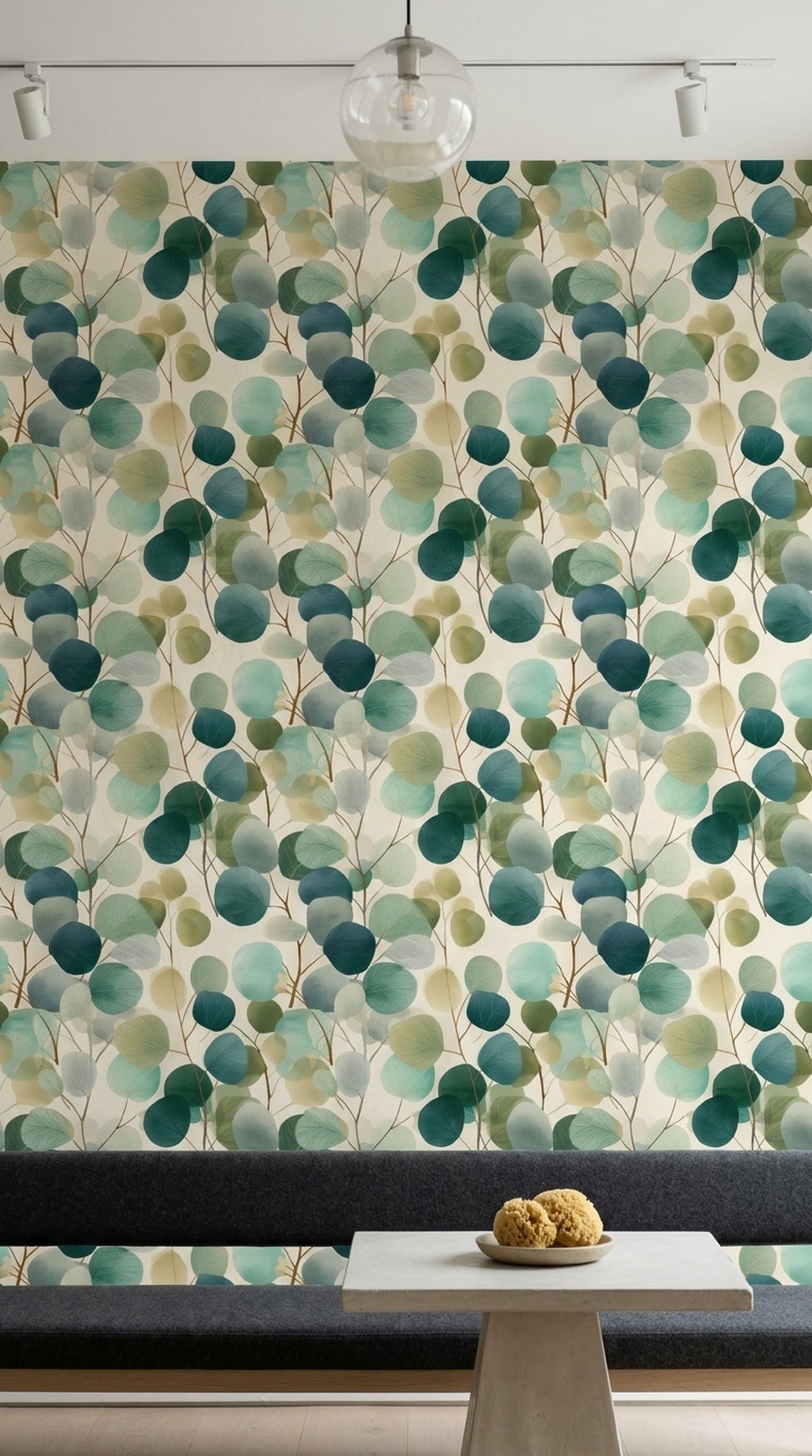 Layered Eucalyptus Leaf Wallpaper in Teal Green Watercolor