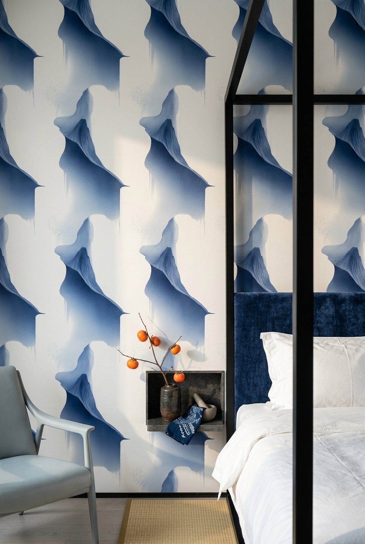 Sculptural Blue Fold Wallpaper with Airy Abstract Watercolor Forms
