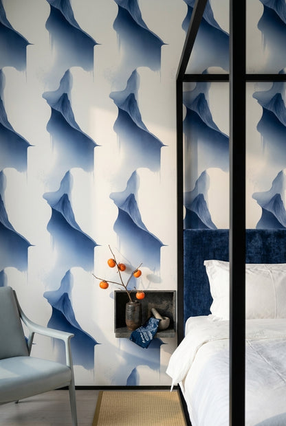Sculptural Blue Fold Wallpaper with Airy Abstract Watercolor Forms