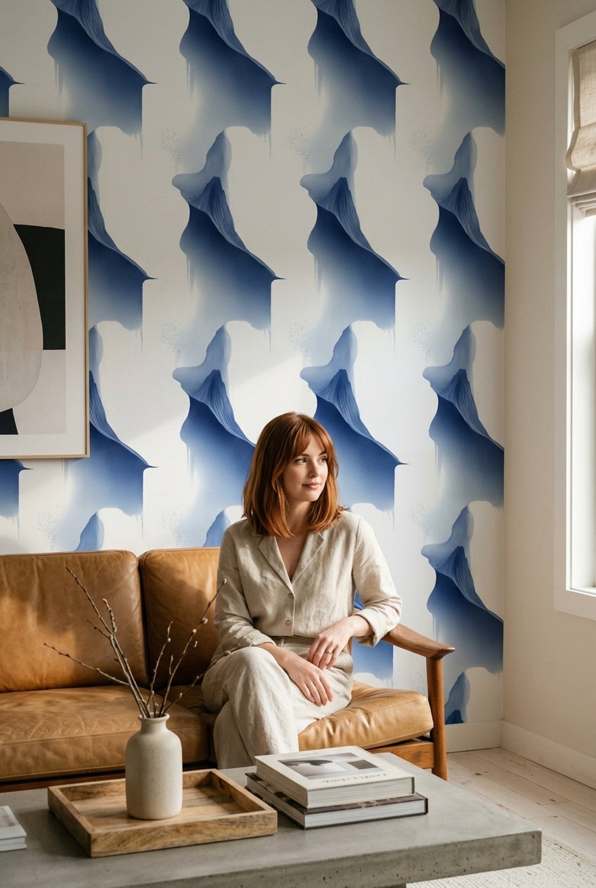Sculptural Blue Fold Wallpaper with Airy Abstract Watercolor Forms