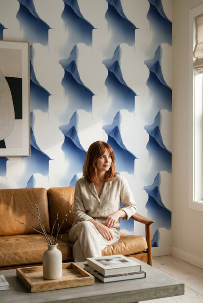 Sculptural Blue Fold Wallpaper with Airy Abstract Watercolor Forms
