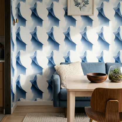 Sculptural Blue Fold Wallpaper with Airy Abstract Watercolor Forms