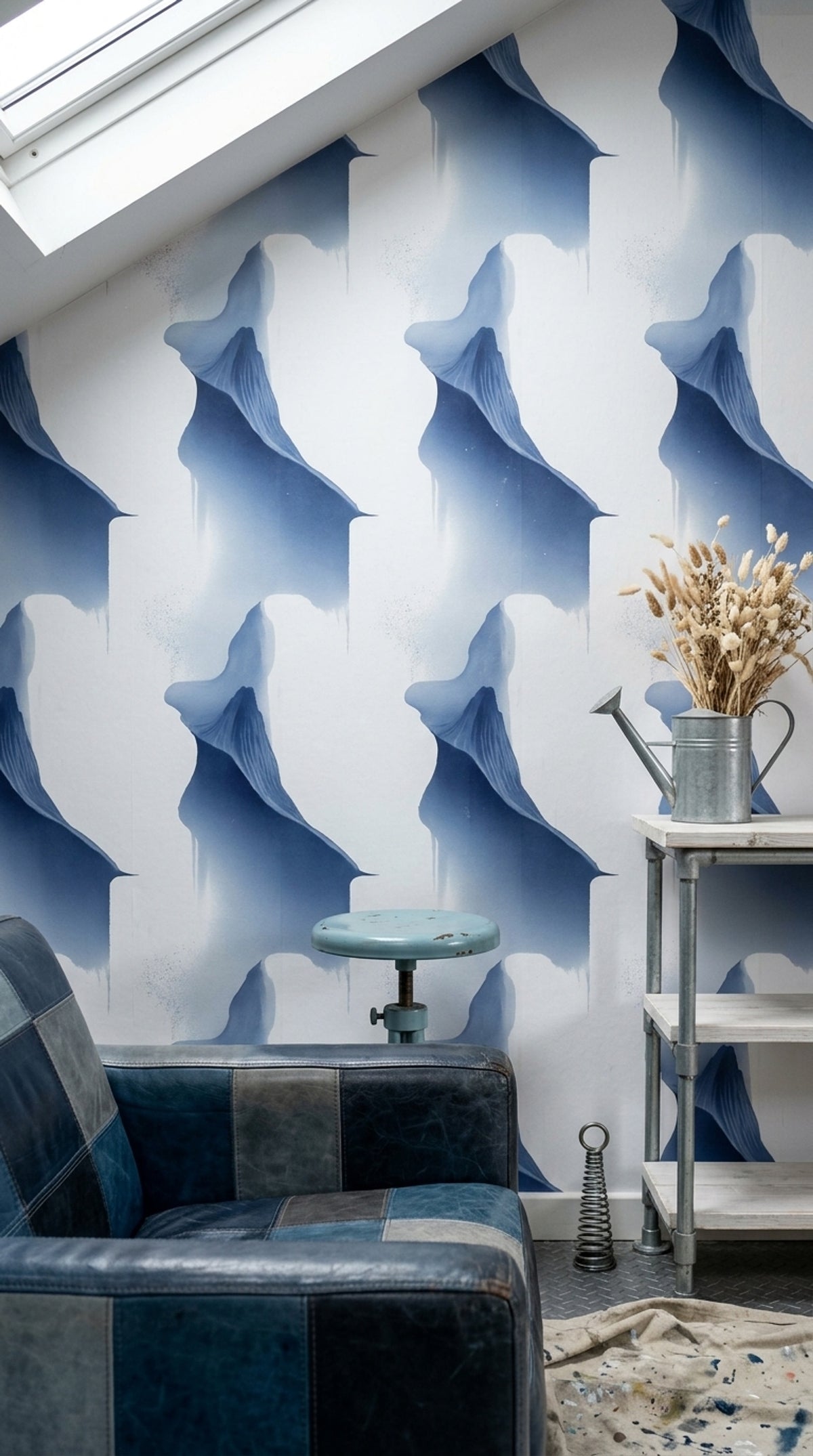 Sculptural Blue Fold Wallpaper with Airy Abstract Watercolor Forms