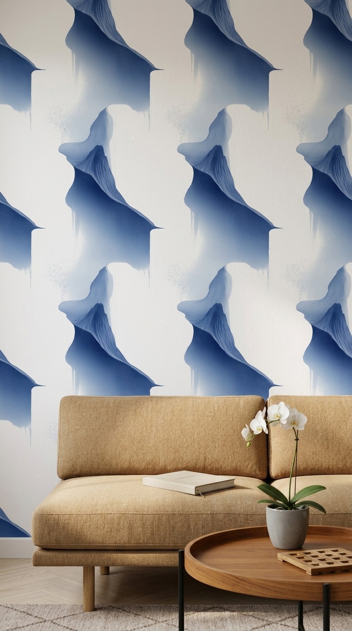 Sculptural Blue Fold Wallpaper with Airy Abstract Watercolor Forms