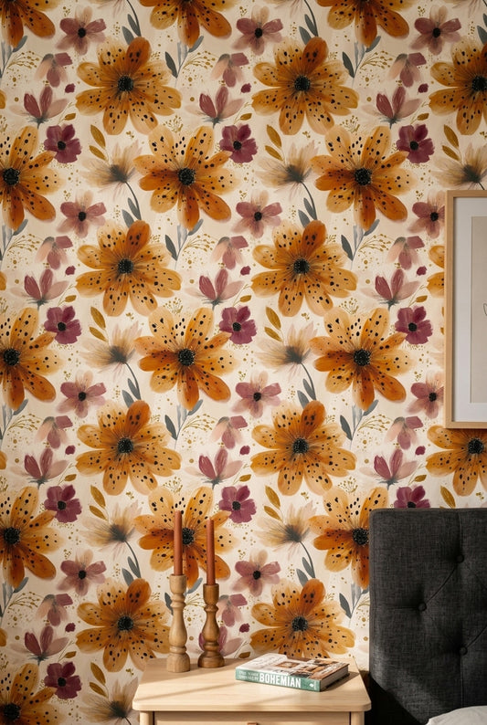 Orange Floral Wallpaper Watercolor Wildflower Pattern Boho Flower Wall Decor