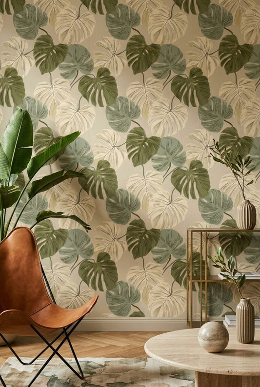 Vintage Monstera Leaf Wallpaper Botanical Tropical Wall Decor