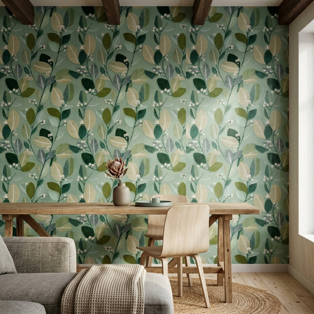 Sage Green Botanical Wallpaper Leaf Pattern Nature Inspired Modern Wall Decor