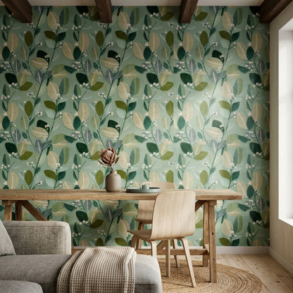 Sage Green Botanical Wallpaper Leaf Pattern Nature Inspired Modern Wall Decor