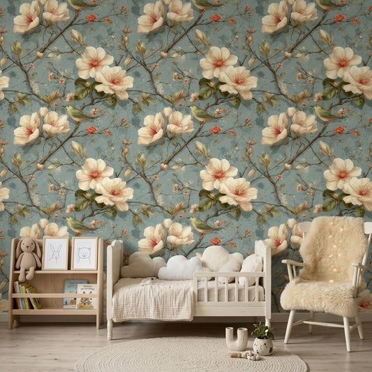 Vintage Magnolia Bird Wallpaper Grandmillennial Floral Botanical Wall Decor
