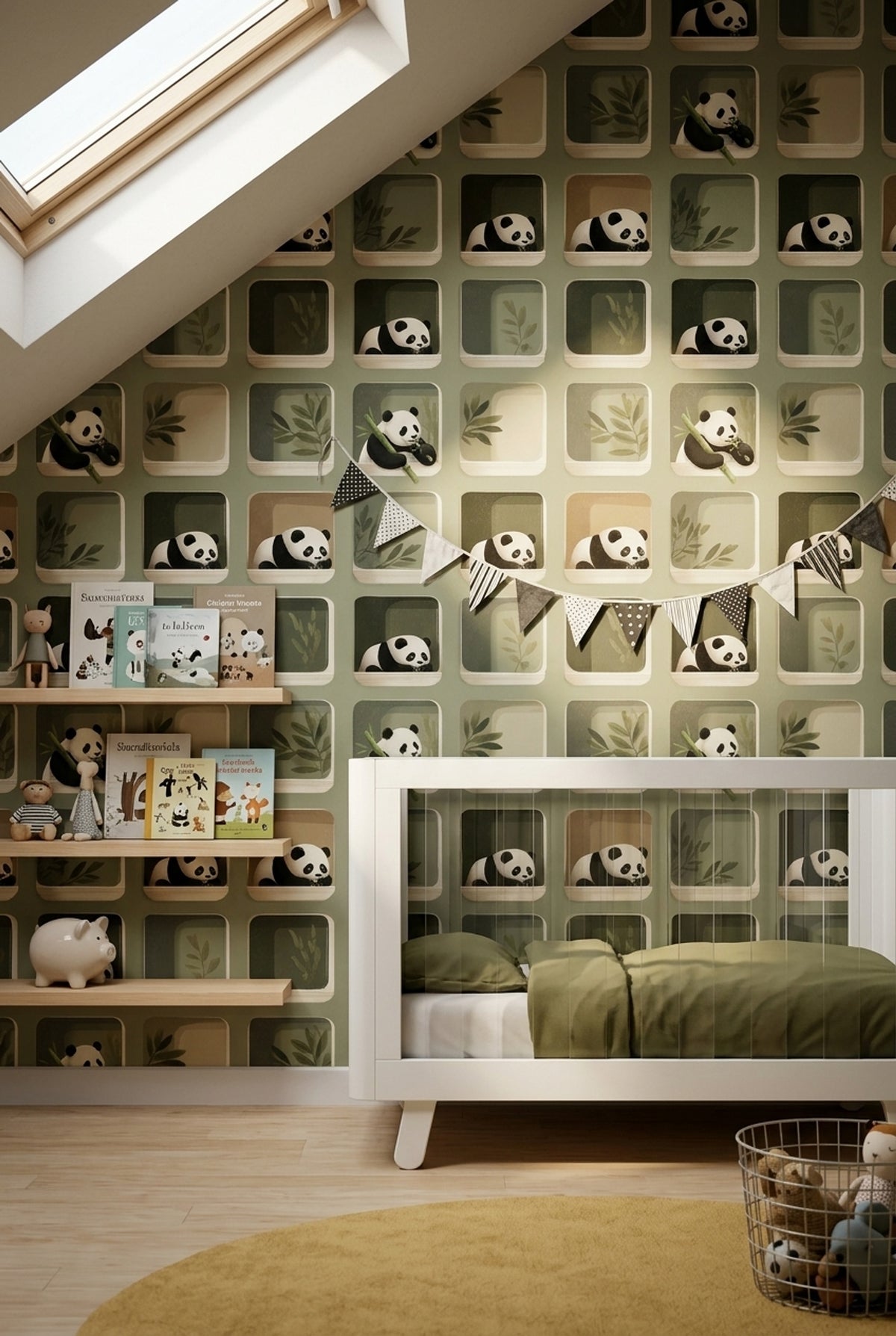 Peekaboo Panda Nursery Wallpaper with Rounded Windows in Muted Green