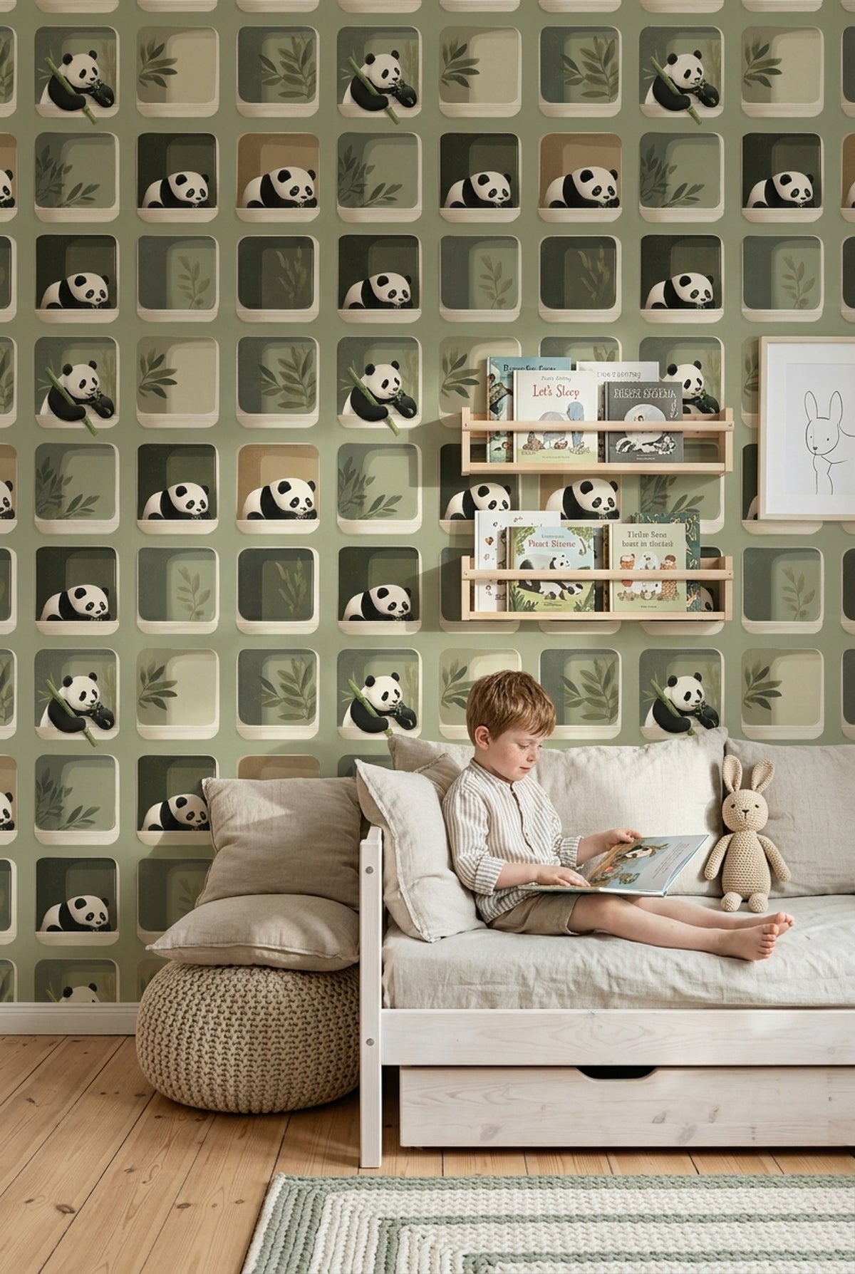 Peekaboo Panda Nursery Wallpaper with Rounded Windows in Muted Green