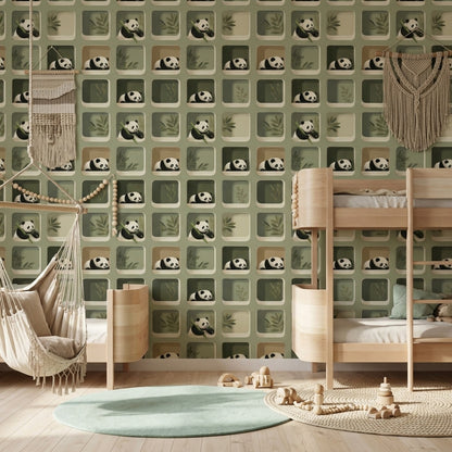 Peekaboo Panda Nursery Wallpaper with Rounded Windows in Muted Green