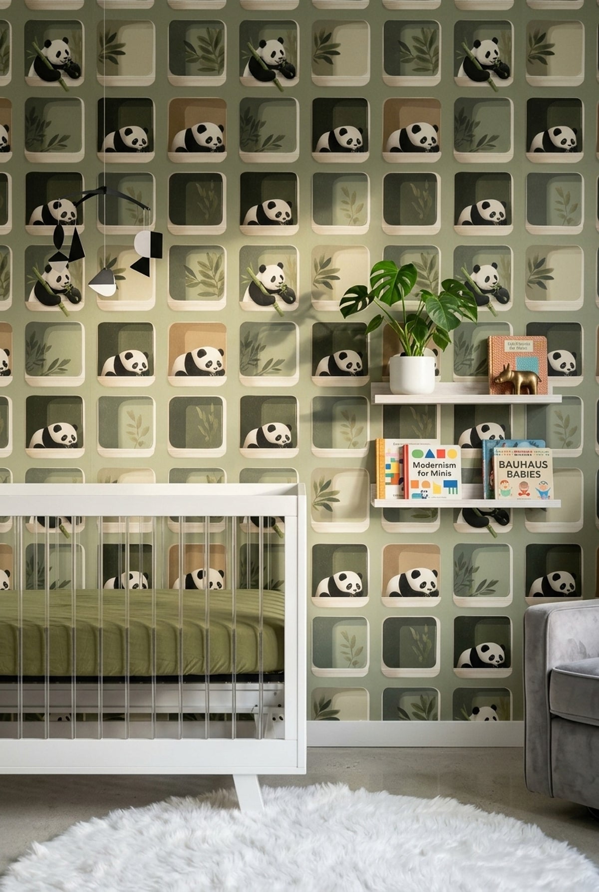 Peekaboo Panda Nursery Wallpaper with Rounded Windows in Muted Green