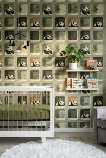 Peekaboo Panda Nursery Wallpaper with Rounded Windows in Muted Green
