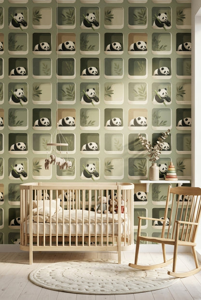 Peekaboo Panda Nursery Wallpaper with Rounded Windows in Muted Green