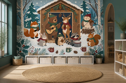 Winter Woodland Animals Wall Mural Musical Forest Christmas Cabin Decor
