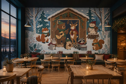 Winter Woodland Animals Wall Mural Musical Forest Christmas Cabin Decor