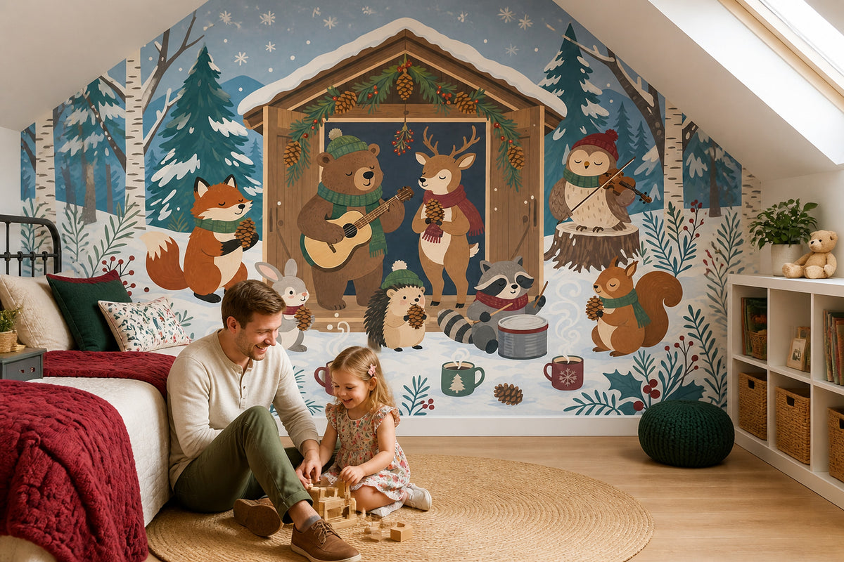 Winter Woodland Animals Wall Mural Musical Forest Christmas Cabin Decor