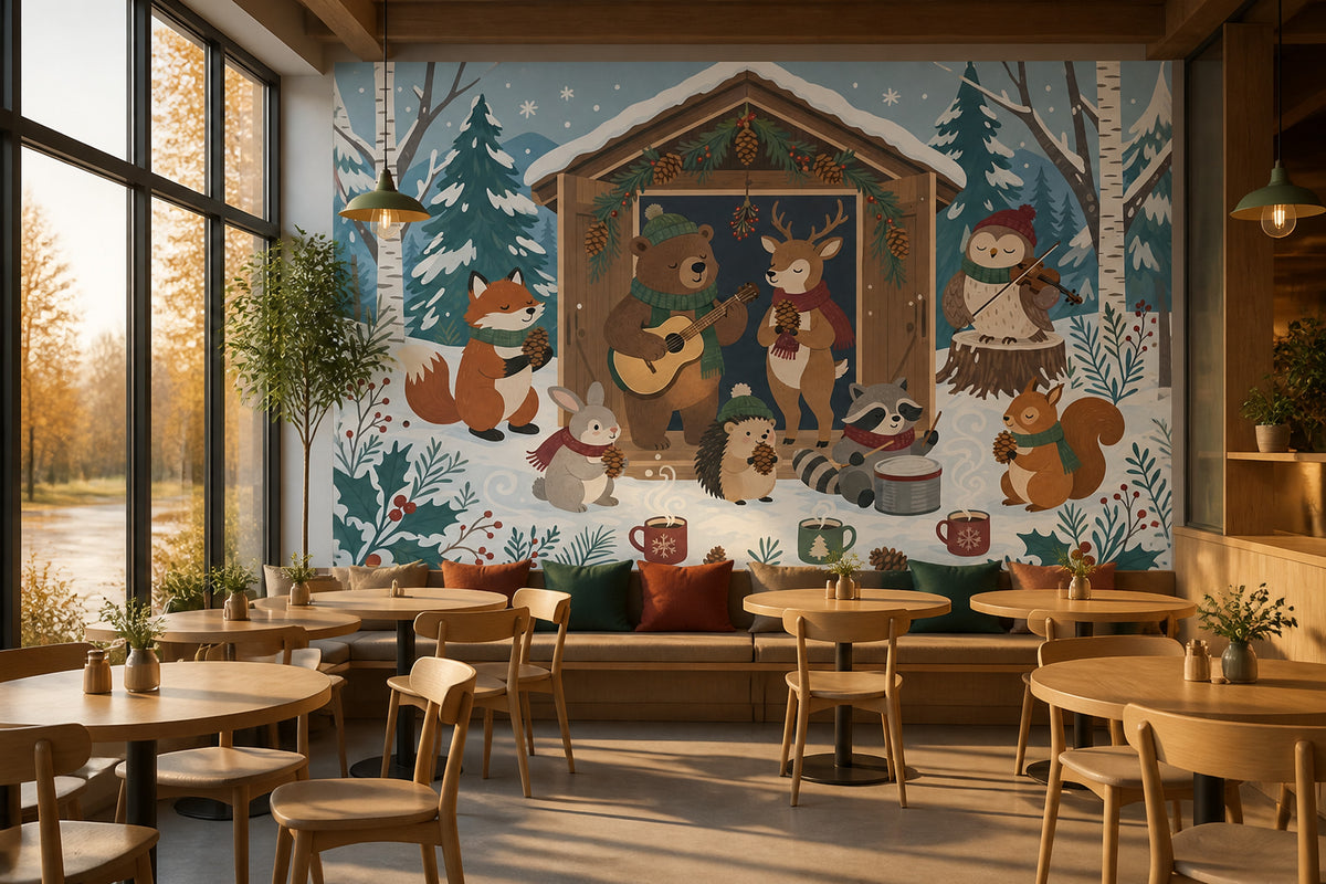 Winter Woodland Animals Wall Mural Musical Forest Christmas Cabin Decor