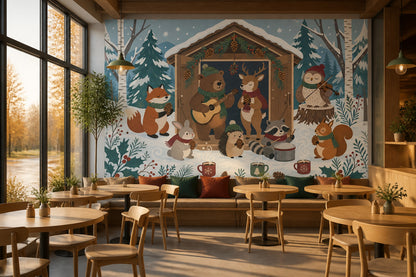 Winter Woodland Animals Wall Mural Musical Forest Christmas Cabin Decor