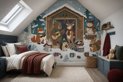 Winter Woodland Animals Wall Mural Musical Forest Christmas Cabin Decor