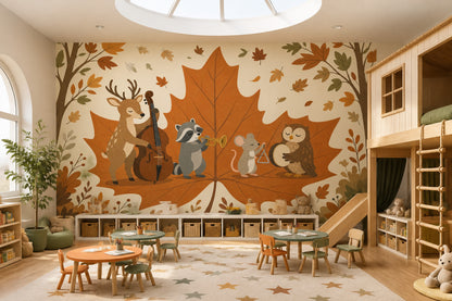 Woodland Animals Wallpaper Maple Leaf Autumn Wall Mural