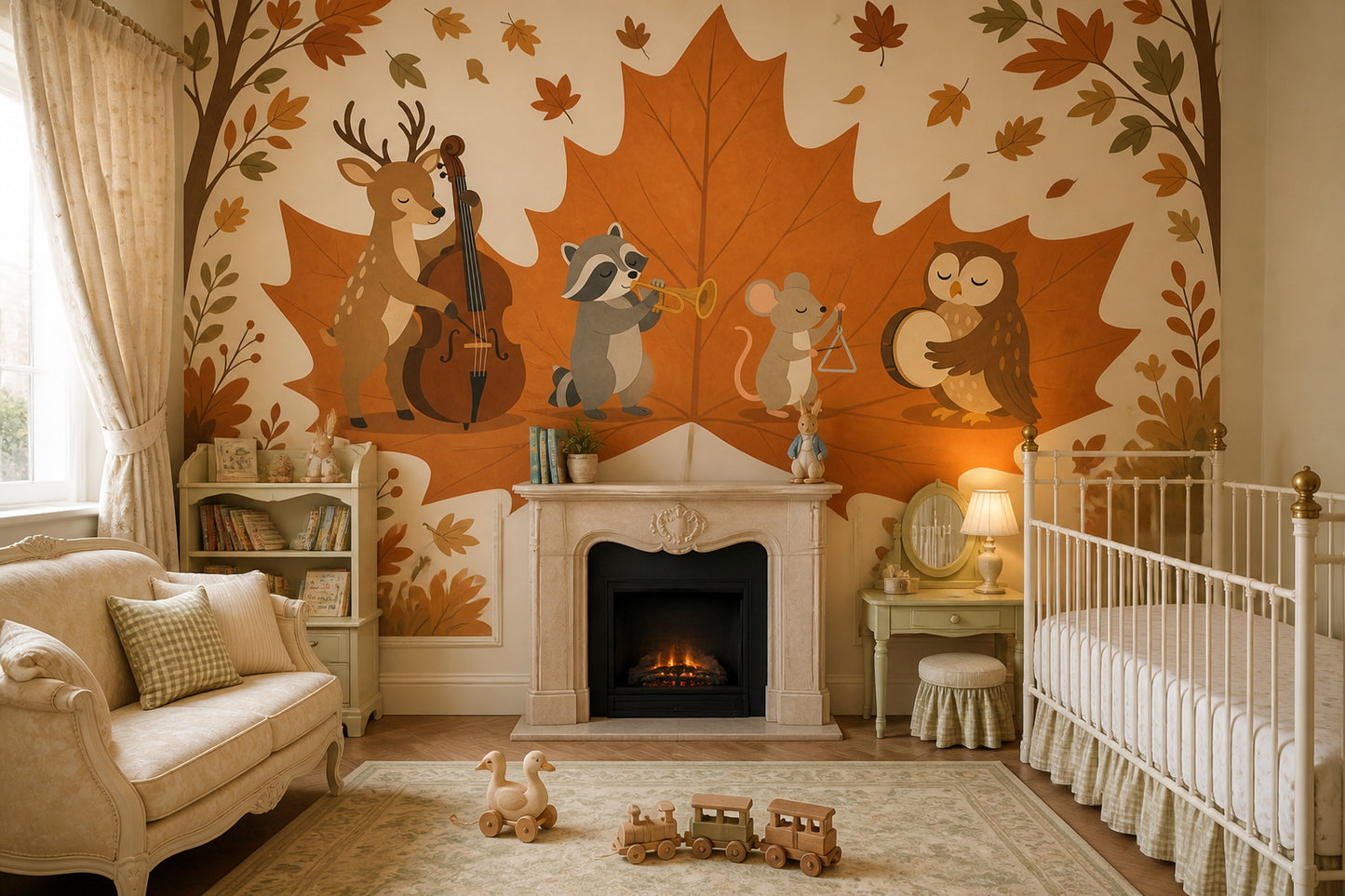 Woodland Animals Wallpaper Maple Leaf Autumn Wall Mural